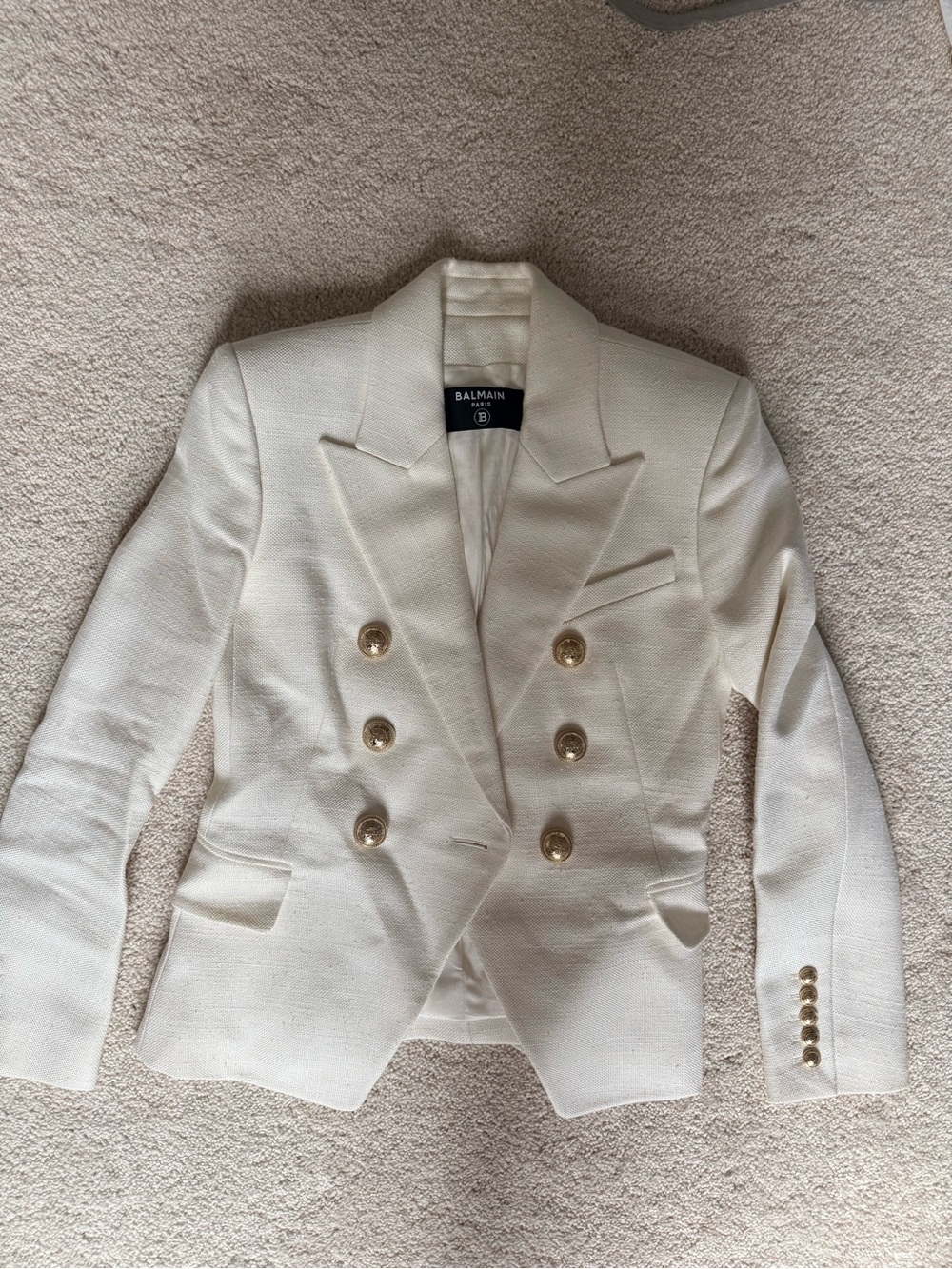 Balmain ivory knotted linen Double-Breasted Blazer with Gold Buttons